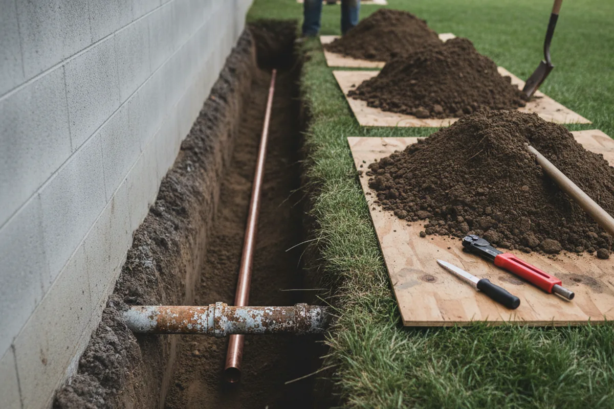 Excavated water line trench during Water Softener Installation in Newport Beach